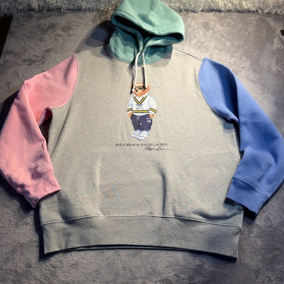 Ralph Lauren Colorblock Polo Bear Hoodie - Heather Gray, Mint, Pink & Blue - Picture 2 of 8